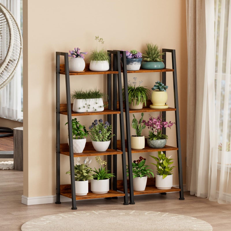 Furologee 4-Tier Ladder Shelf, Ladder Bookshelf with Removable Drawer, Rustic Bookcase Storage Rack Organizer, Wood Metal Freestanding Storage Shelves for Living Room, Home Office, Bedroom, Kitchen - Image 2
