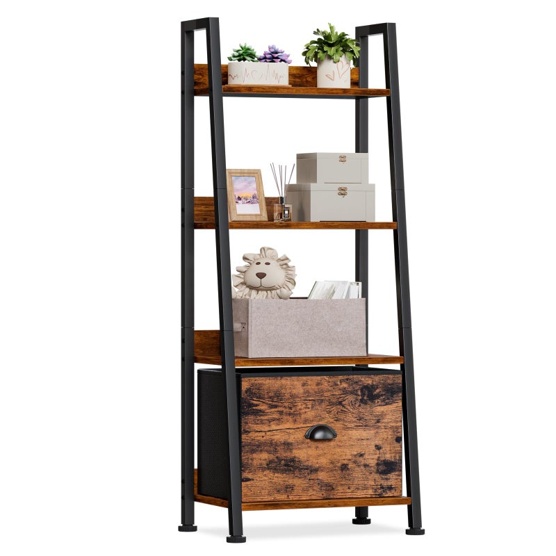 Furologee 4-Tier Ladder Shelf, Ladder Bookshelf with Removable Drawer, Rustic Bookcase Storage Rack Organizer, Wood Metal Freestanding Storage Shelves for Living Room, Home Office, Bedroom, Kitchen - Image 1