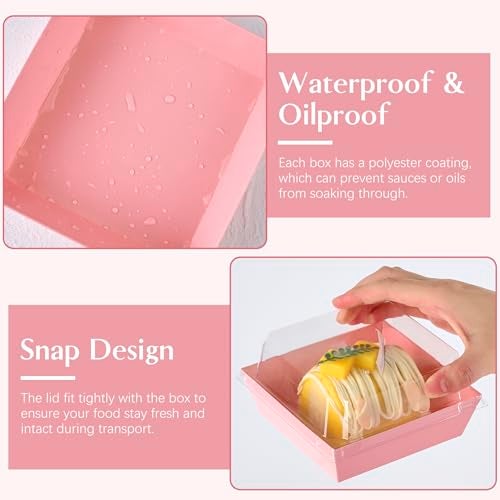 ZORRITA 50 Pack 5 Inch Pink Paper Charcuterie Boxes with Clear Lids, Square To Go Cake Slice Containers Small Bakery Boxes for Dessert, Cookies, Sandwich, Strawberries - Image 4