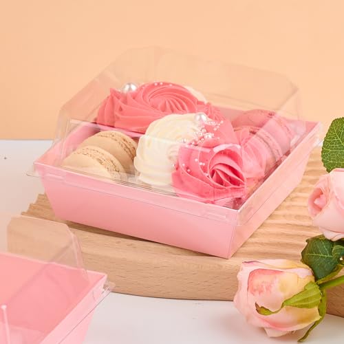 ZORRITA 50 Pack 5 Inch Pink Paper Charcuterie Boxes with Clear Lids, Square To Go Cake Slice Containers Small Bakery Boxes for Dessert, Cookies, Sandwich, Strawberries - Image 5
