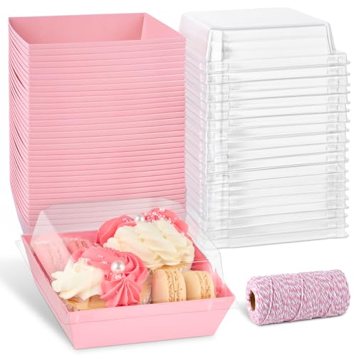 ZORRITA 50 Pack 5 Inch Pink Paper Charcuterie Boxes with Clear Lids, Square To Go Cake Slice Containers Small Bakery Boxes for Dessert, Cookies, Sandwich, Strawberries - Image 1