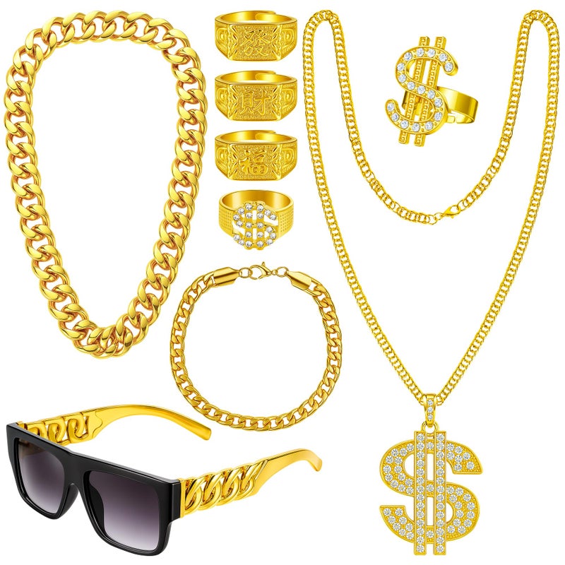QZYL 9 Pcs 80s 90s Outfit Rapper Costume Accessories, Old School Hip Hop Costume, Fake Gold Chain Rapper Ring Dollar Sign Chain Sunglasses, Hip Hop Cosplay Accessories for Halloween Dress Up Parties - Image 1