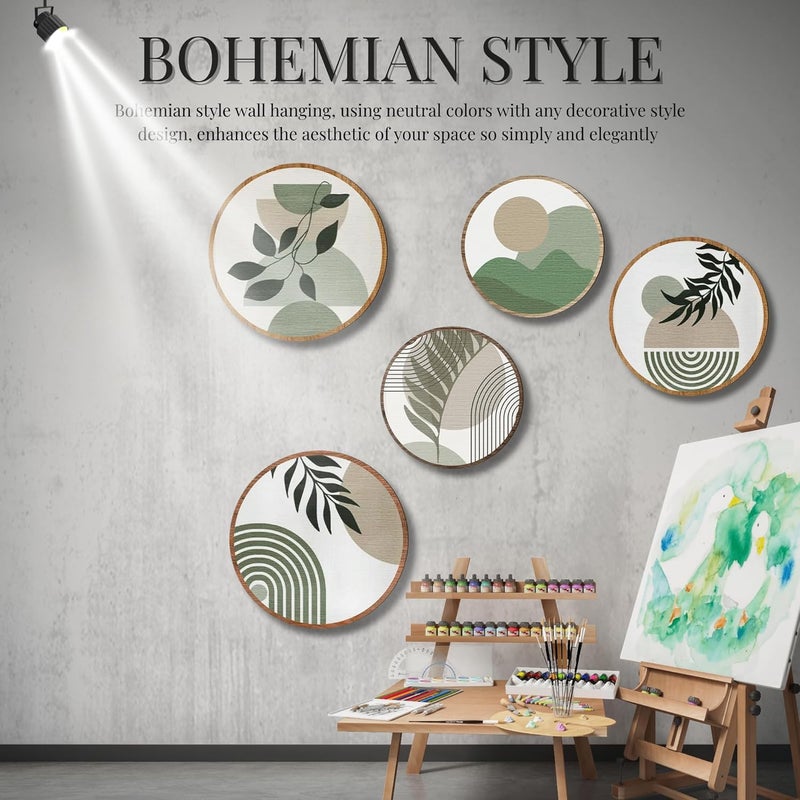 Nozvera Boho Minimalist Wall Art Set of 5 – Modern Abstract Round Prints with Green Botanical and Geometric Designs – Neutral Aesthetic Wall Decor for Living Room or Bedroom - Image 4