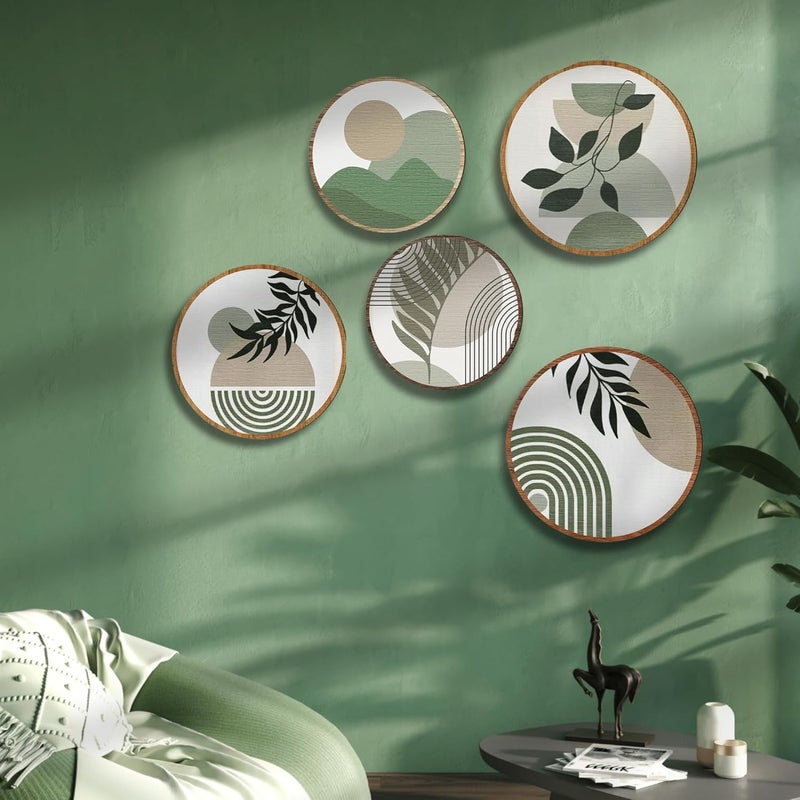 Nozvera Boho Minimalist Wall Art Set of 5 – Modern Abstract Round Prints with Green Botanical and Geometric Designs – Neutral Aesthetic Wall Decor for Living Room or Bedroom - Image 3