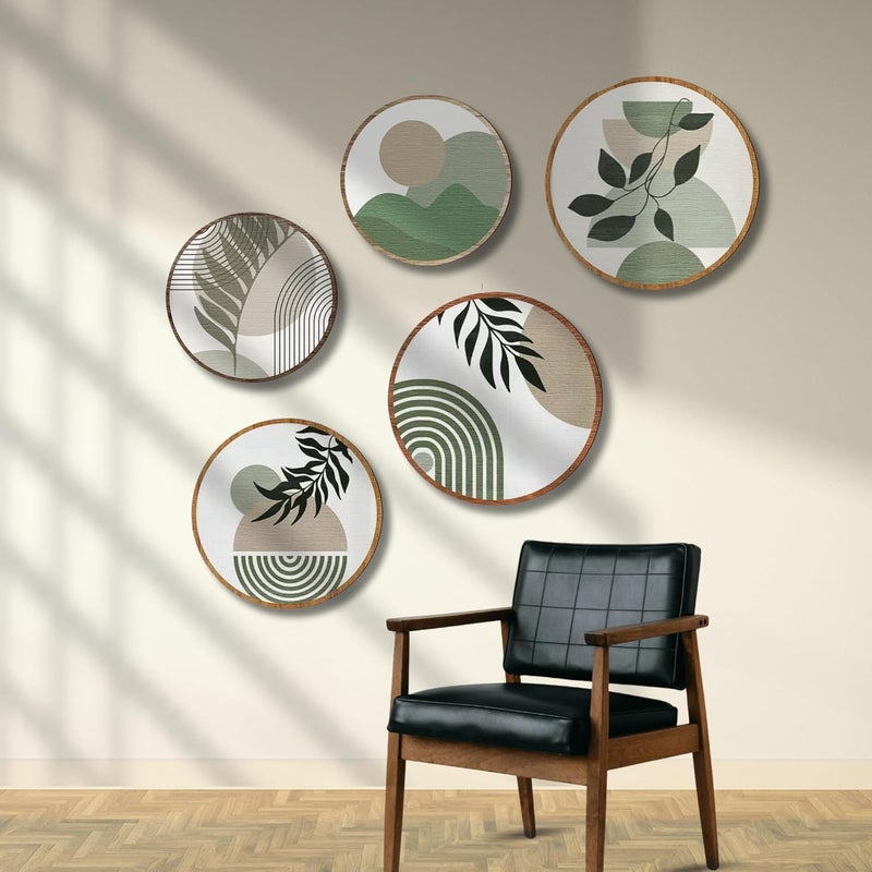 Nozvera Boho Minimalist Wall Art Set of 5 – Modern Abstract Round Prints with Green Botanical and Geometric Designs – Neutral Aesthetic Wall Decor for Living Room or Bedroom - Image 2