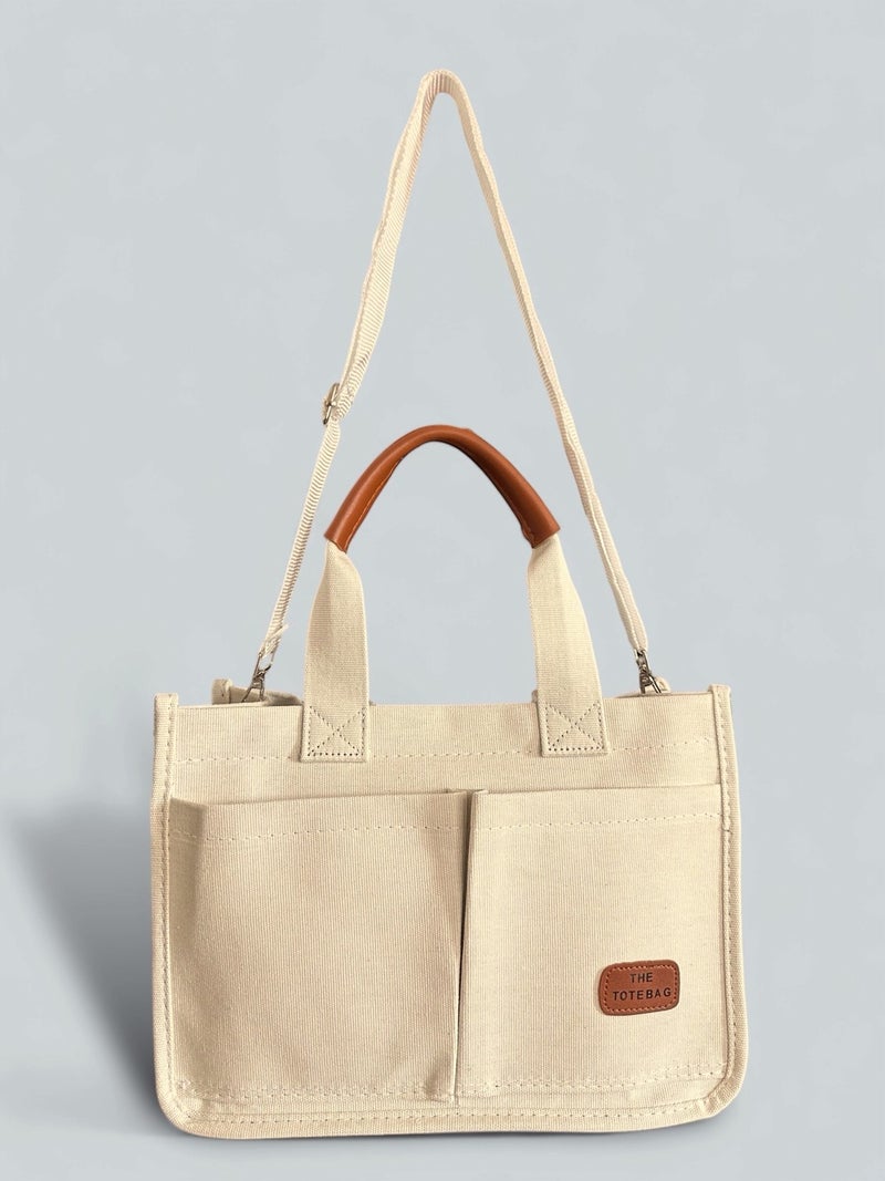 Gabiess Women's Canvas Fabric Cream Color Two Piece Front Pocket Tote Bag Hand and Shoulder Bag  - Image 2