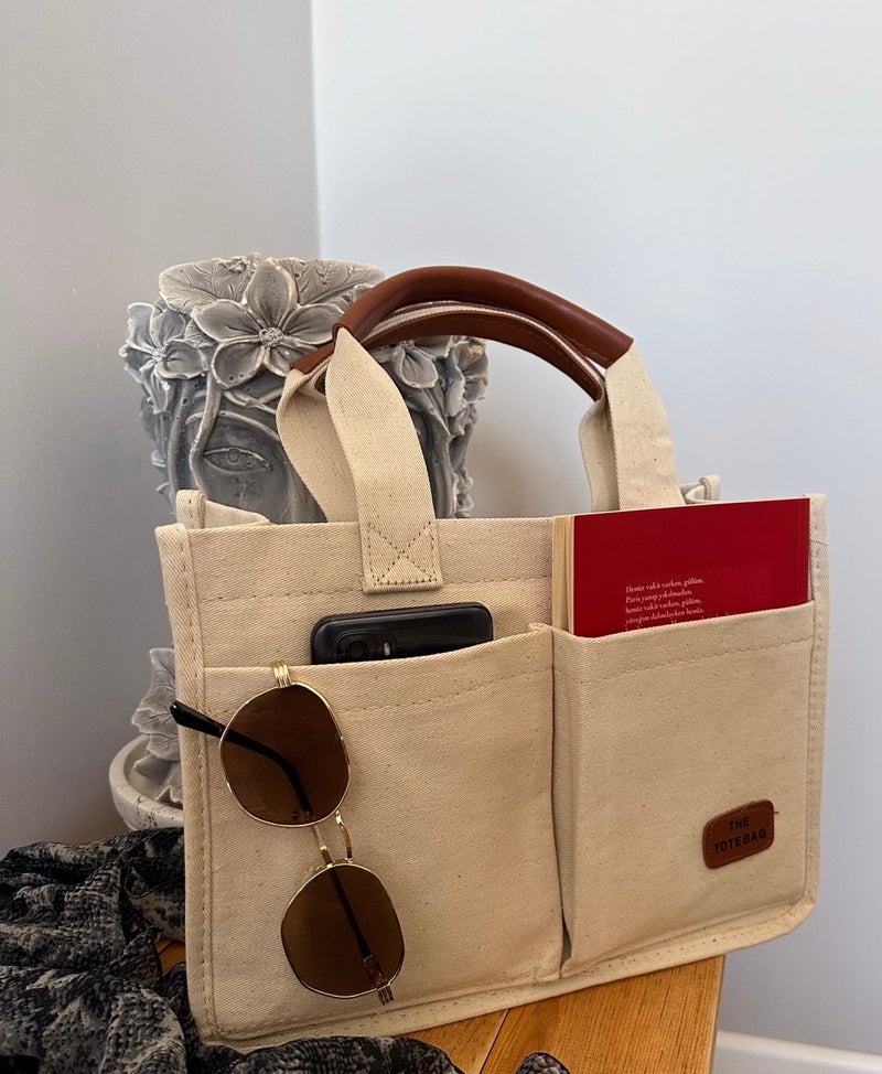 Gabiess Women's Canvas Fabric Cream Color Two Piece Front Pocket Tote Bag Hand and Shoulder Bag  - Image 1