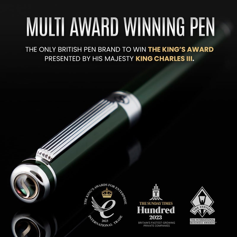 Scriveiner British Racing Green Fountain Pen - Stunning Luxury Pen with Chrome Finish, Schmidt Nib (Fine), Best Pen Gift Set for Men & Women, Professional, Executive, Office, Nice Pens - Image 2
