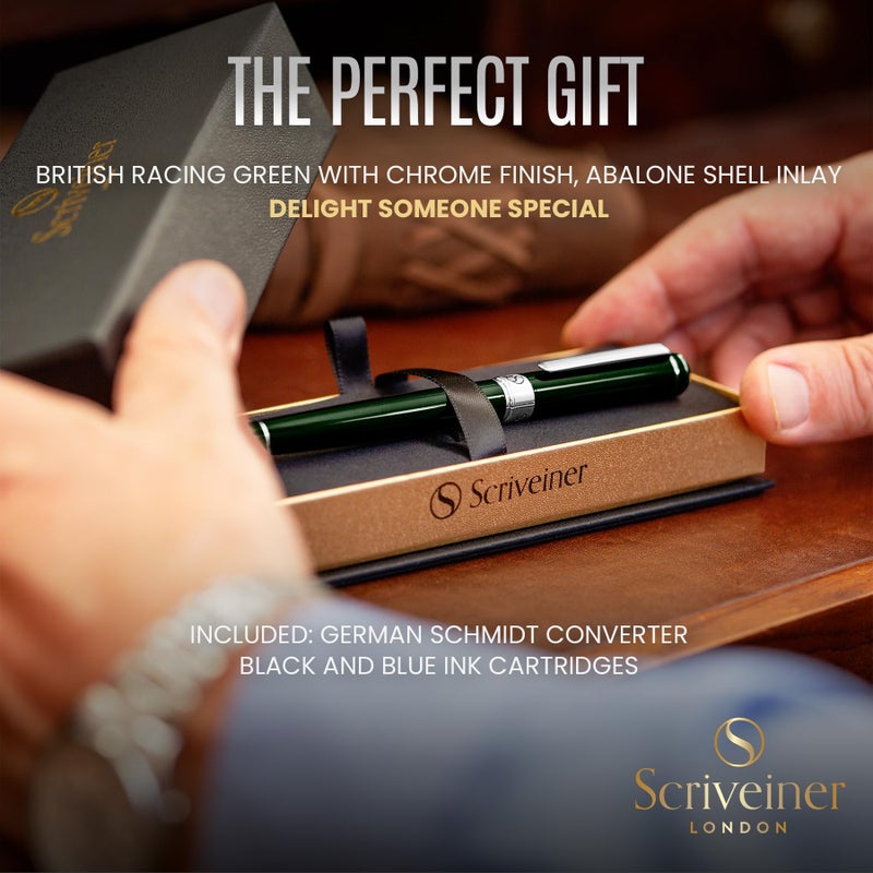 Scriveiner British Racing Green Fountain Pen - Stunning Luxury Pen with Chrome Finish, Schmidt Nib (Fine), Best Pen Gift Set for Men & Women, Professional, Executive, Office, Nice Pens - Image 3
