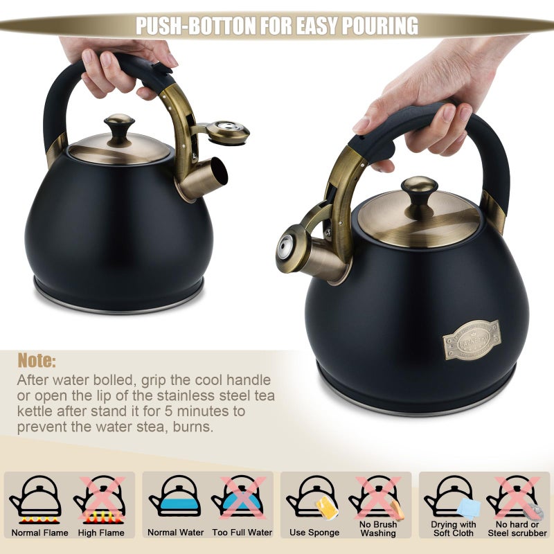 Lazneyru Tea Kettle Stovetop Whistling Kettle Teapot, 3Quart Tea Pot Stainless Steel Teakettle for Stove Top with Heat Proof Ergonomic Handle - Image 3