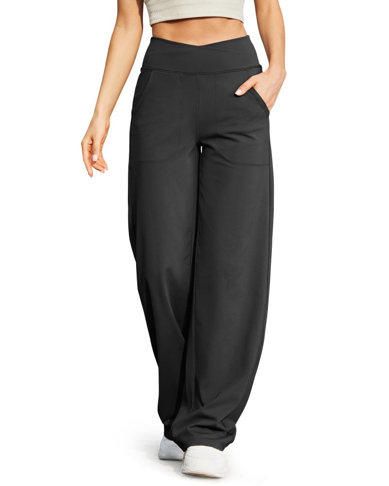 G4Free Petite Wide Leg Pants for Women Flare Dress Pants with Pockets Cross Waist Stretch Bootleg Sweatpants for Casual Work(Black,M,29") - Image 1
