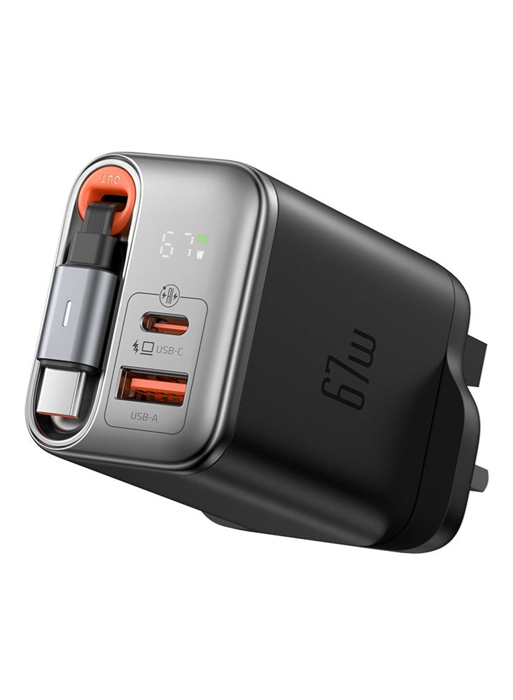 مكدودو شاحن Mcdodo CH-4090 بقدرة 67 واط GaN قابس بريطاني (UK) بمنفذ USB-C + USB-A مع شاشة رقمية وكابل USB-C مدمج قابل للسحب بطول 65 سم لون أسود - Image 1