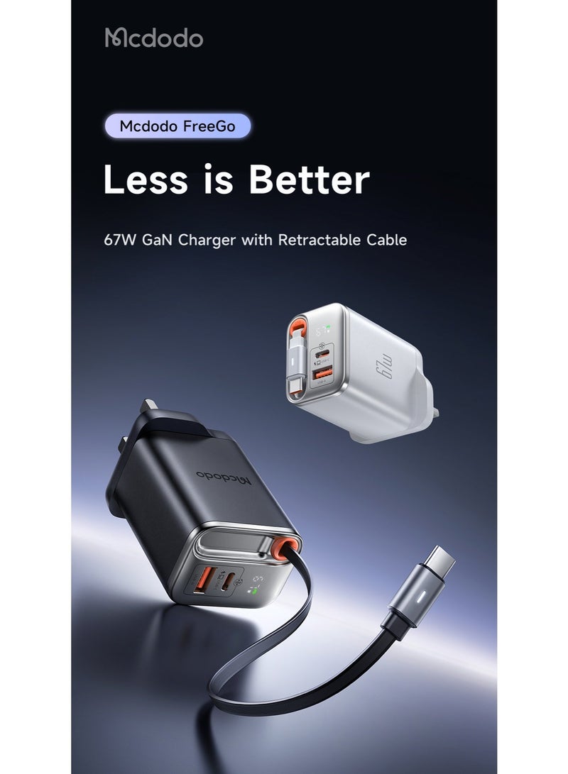 مكدودو شاحن Mcdodo CH-4090 بقدرة 67 واط GaN قابس بريطاني (UK) بمنفذ USB-C + USB-A مع شاشة رقمية وكابل USB-C مدمج قابل للسحب بطول 65 سم لون أسود - Image 5