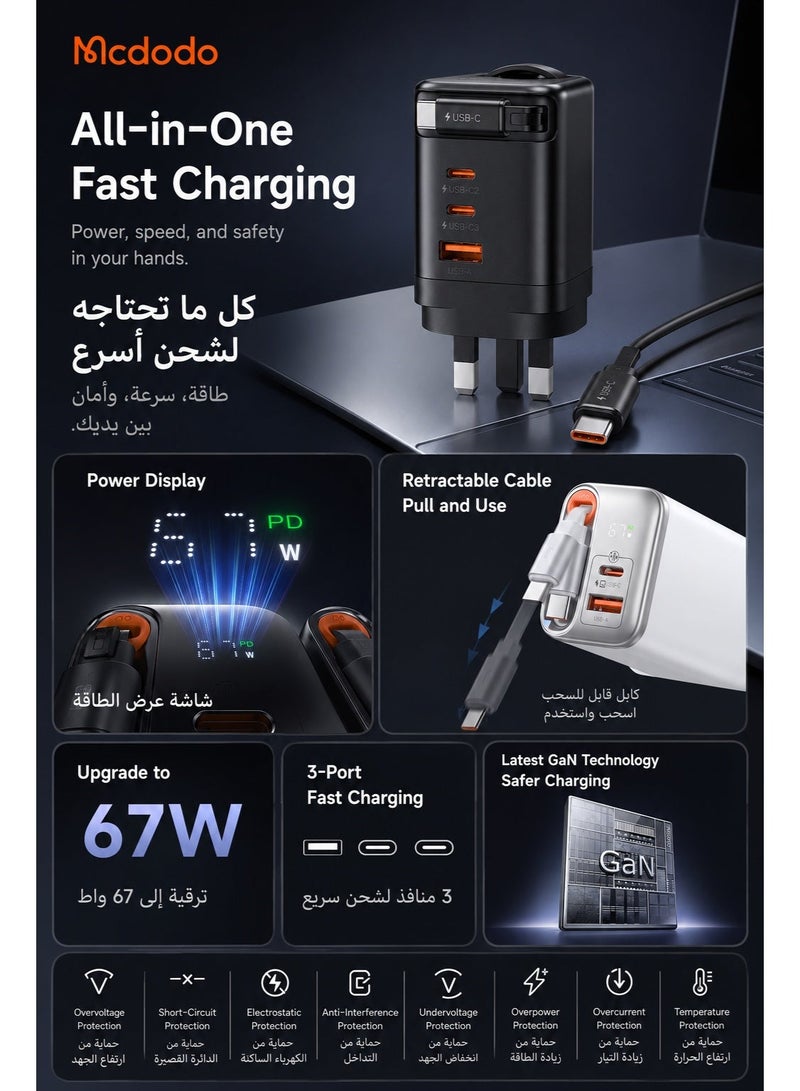 مكدودو شاحن Mcdodo CH-4090 بقدرة 67 واط GaN قابس بريطاني (UK) بمنفذ USB-C + USB-A مع شاشة رقمية وكابل USB-C مدمج قابل للسحب بطول 65 سم لون أسود - Image 2
