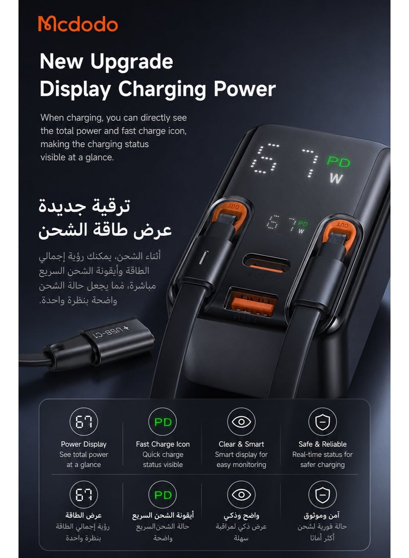 مكدودو شاحن Mcdodo CH-4090 بقدرة 67 واط GaN قابس بريطاني (UK) بمنفذ USB-C + USB-A مع شاشة رقمية وكابل USB-C مدمج قابل للسحب بطول 65 سم لون أسود - Image 4