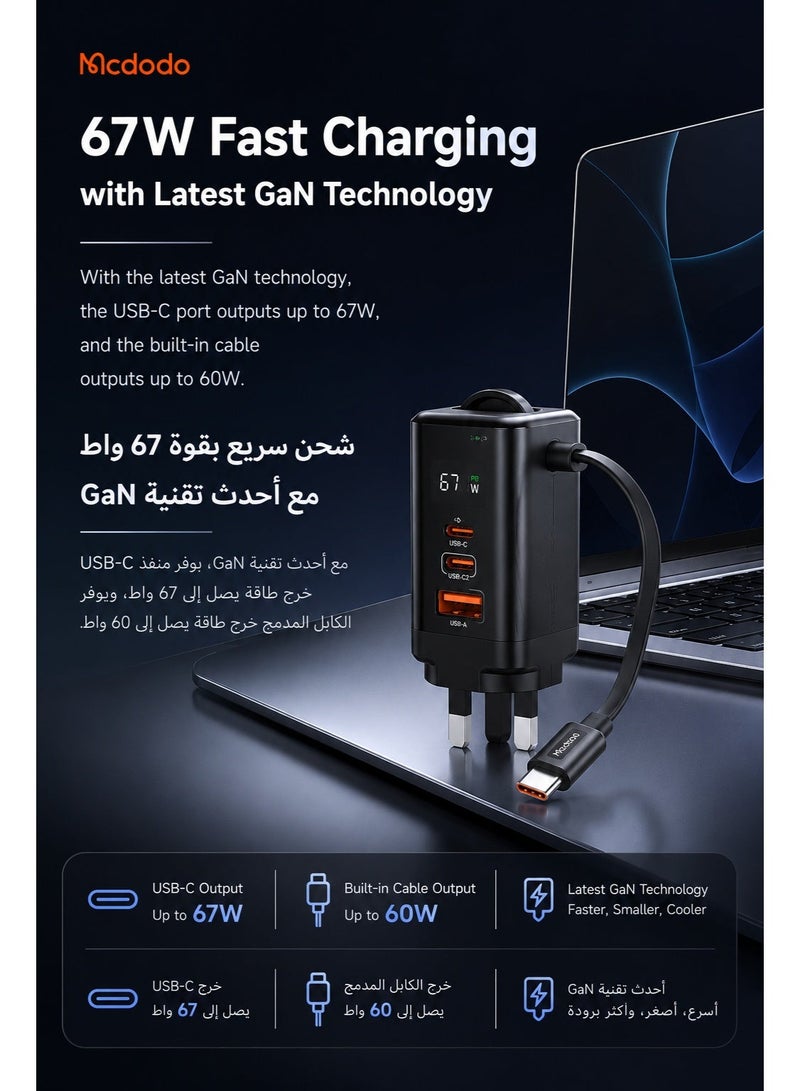 مكدودو شاحن Mcdodo CH-4090 بقدرة 67 واط GaN قابس بريطاني (UK) بمنفذ USB-C + USB-A مع شاشة رقمية وكابل USB-C مدمج قابل للسحب بطول 65 سم لون أسود - Image 3