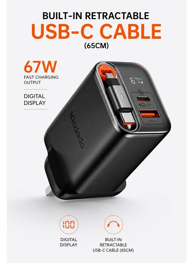 مكدودو شاحن Mcdodo CH-4090 بقدرة 67 واط GaN قابس بريطاني (UK) بمنفذ USB-C + USB-A مع شاشة رقمية وكابل USB-C مدمج قابل للسحب بطول 65 سم لون أسود - Image 1