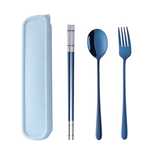 DOBUYOO 3 PCS Stainless Steel Travel Camping Flatware Set Fork Spoon Chopsticks with Portable Case, Blue - Image 1