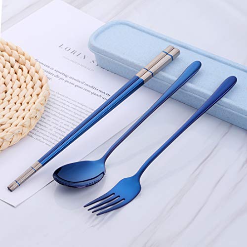 DOBUYOO 3 PCS Stainless Steel Travel Camping Flatware Set Fork Spoon Chopsticks with Portable Case, Blue - Image 4