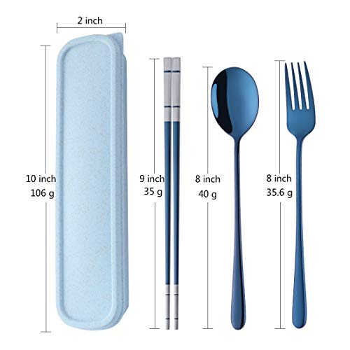 DOBUYOO 3 PCS Stainless Steel Travel Camping Flatware Set Fork Spoon Chopsticks with Portable Case, Blue - Image 2