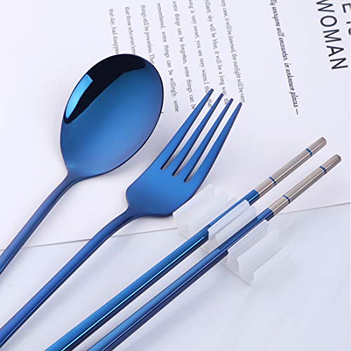 DOBUYOO 3 PCS Stainless Steel Travel Camping Flatware Set Fork Spoon Chopsticks with Portable Case, Blue - Image 5
