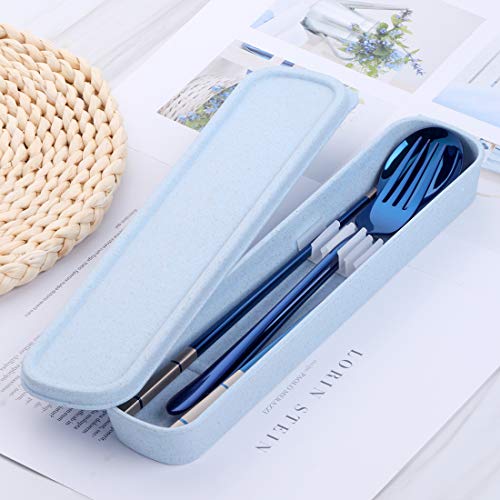 DOBUYOO 3 PCS Stainless Steel Travel Camping Flatware Set Fork Spoon Chopsticks with Portable Case, Blue - Image 3