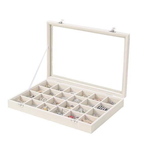 Coward Jewelry Organizer Box, Beige Velvet 24 Grids Ring Earring Jewelry Display Tray Case with Transparent Glass Lid for Home Drawer or Shop Selling - Image 1