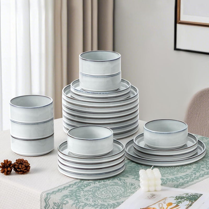 LIANYU Plates and Bowls Dinnerware Sets for 8 24 Piece Stoneware Tableware Dishes Set Includes Dinner Dessert Plate Cereal Bowl Rustic Terracotta Underside Dishwasher  Microwave Safe Lucent White - Image 4