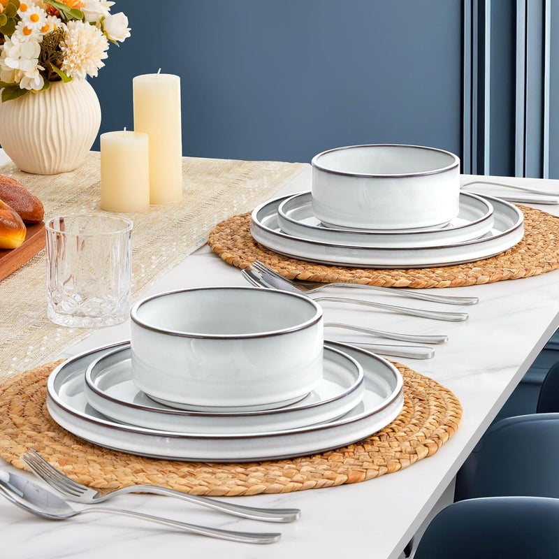LIANYU Plates and Bowls Dinnerware Sets for 8 24 Piece Stoneware Tableware Dishes Set Includes Dinner Dessert Plate Cereal Bowl Rustic Terracotta Underside Dishwasher  Microwave Safe Lucent White - Image 3