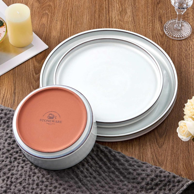 LIANYU Plates and Bowls Dinnerware Sets for 8 24 Piece Stoneware Tableware Dishes Set Includes Dinner Dessert Plate Cereal Bowl Rustic Terracotta Underside Dishwasher  Microwave Safe Lucent White - Image 2