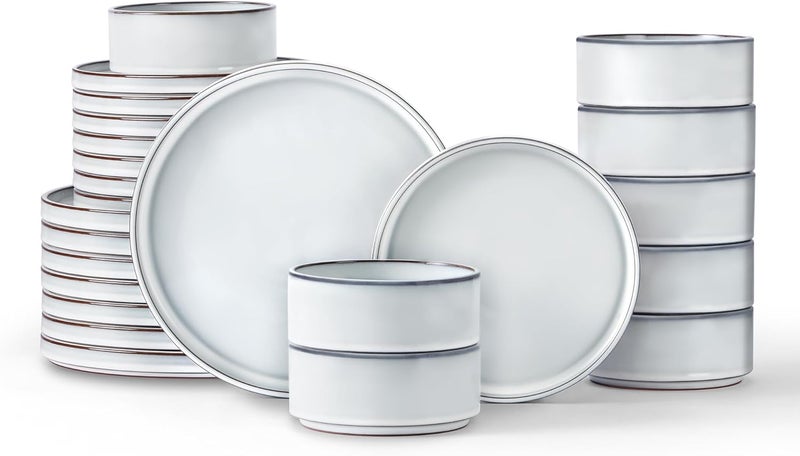 LIANYU Plates and Bowls Dinnerware Sets for 8 24 Piece Stoneware Tableware Dishes Set Includes Dinner Dessert Plate Cereal Bowl Rustic Terracotta Underside Dishwasher  Microwave Safe Lucent White - Image 1