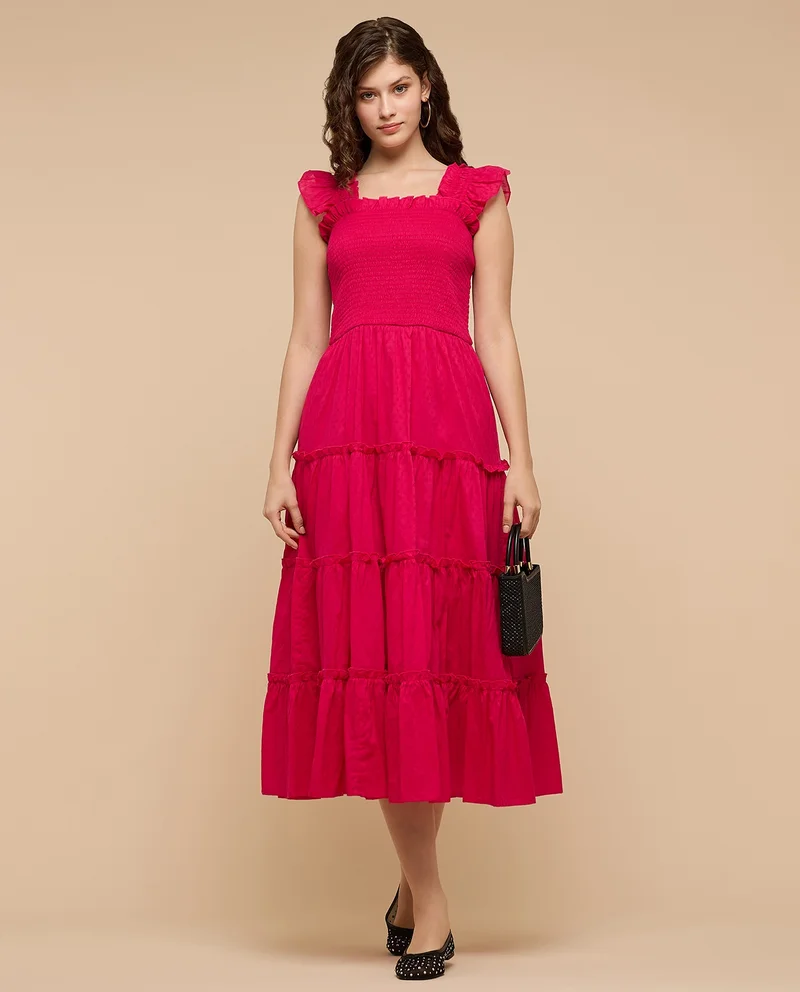أر أند بي Self Design Tiered Dress With Square Neck and Flutter Sleeves