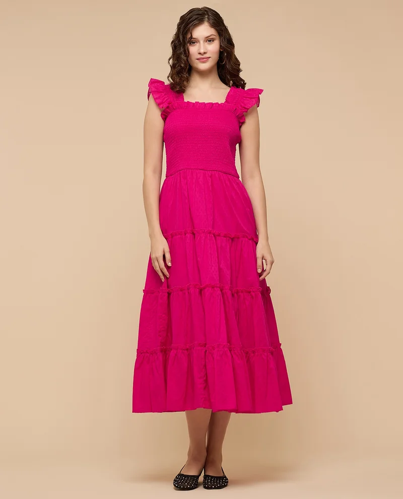 أر أند بي Self Design Tiered Dress With Square Neck and Flutter Sleeves