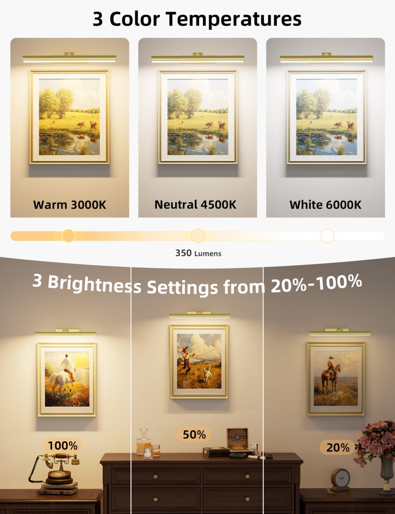 VOLISUN 16 inch Picture Lights for Wall, Rechargable Picture Light Battery Operated, 3 Color Temperatures Cordless Picture Light with Remote, Art Light for Paintings, Gallery, Portrait, 1 Pack (Gold) - Image 2