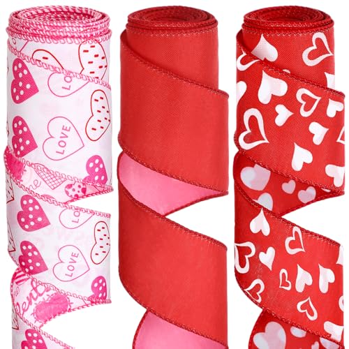 Solsew 18 Yard 2.52 Inch Valentine's Day Ribbons Double Sided Red Pink Heart Burlap Ribbon for Valentine's Day Gift Package Wrapping Party DIY Craft Decoration - Image 1