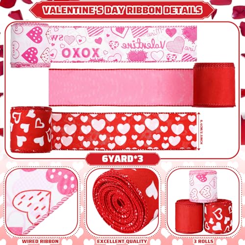 Solsew 18 Yard 2.52 Inch Valentine's Day Ribbons Double Sided Red Pink Heart Burlap Ribbon for Valentine's Day Gift Package Wrapping Party DIY Craft Decoration - Image 2