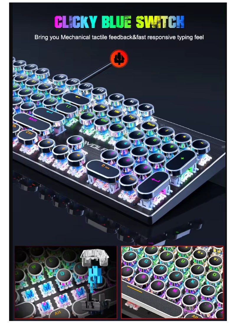 T-WOLF - 104 Key Wired Keyboard Mouse Combo Cool Rainbow Color Backlight Retro Punk Style Suspended Keycaps For Office Pc Gaming - Image 1