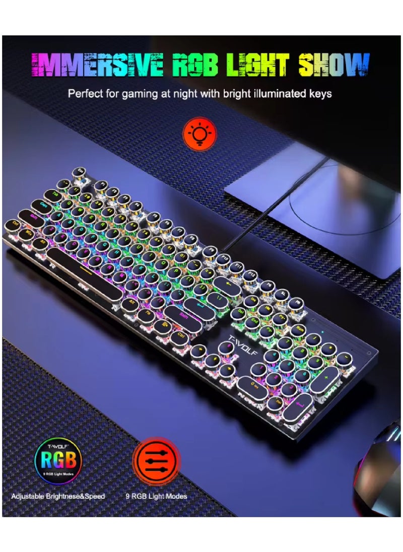 T-WOLF - 104 Key Wired Keyboard Mouse Combo Cool Rainbow Color Backlight Retro Punk Style Suspended Keycaps For Office Pc Gaming - Image 1