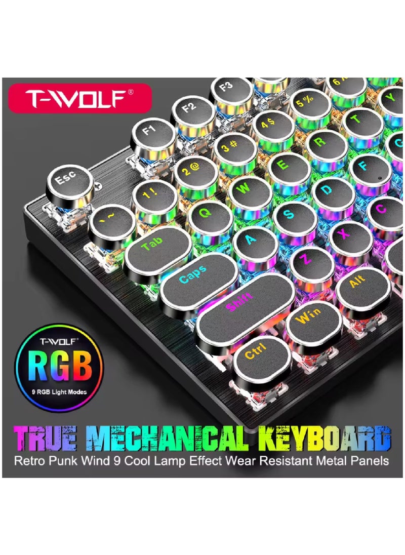 T-WOLF - 104 Key Wired Keyboard Mouse Combo Cool Rainbow Color Backlight Retro Punk Style Suspended Keycaps For Office Pc Gaming - Image 1