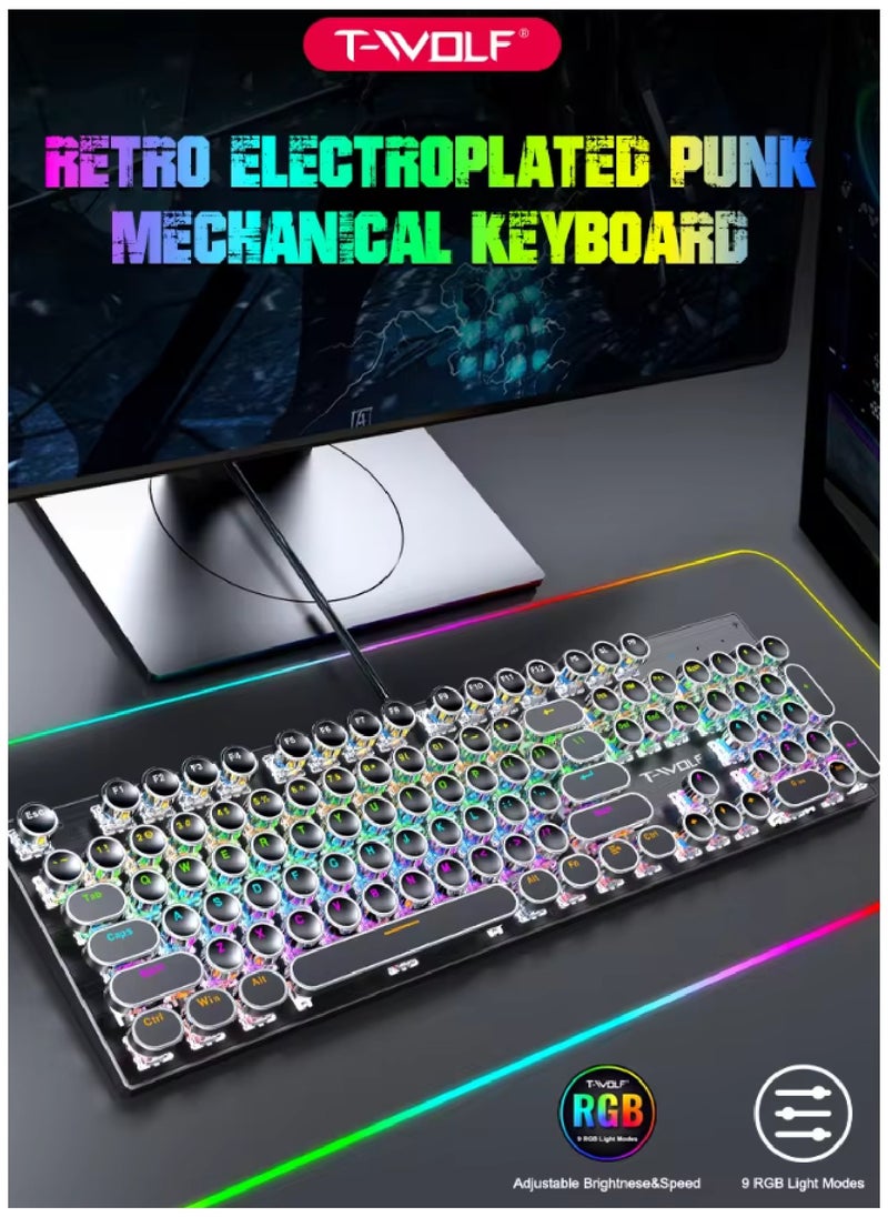T-WOLF - 104 Key Wired Keyboard Mouse Combo Cool Rainbow Color Backlight Retro Punk Style Suspended Keycaps For Office Pc Gaming - Image 1
