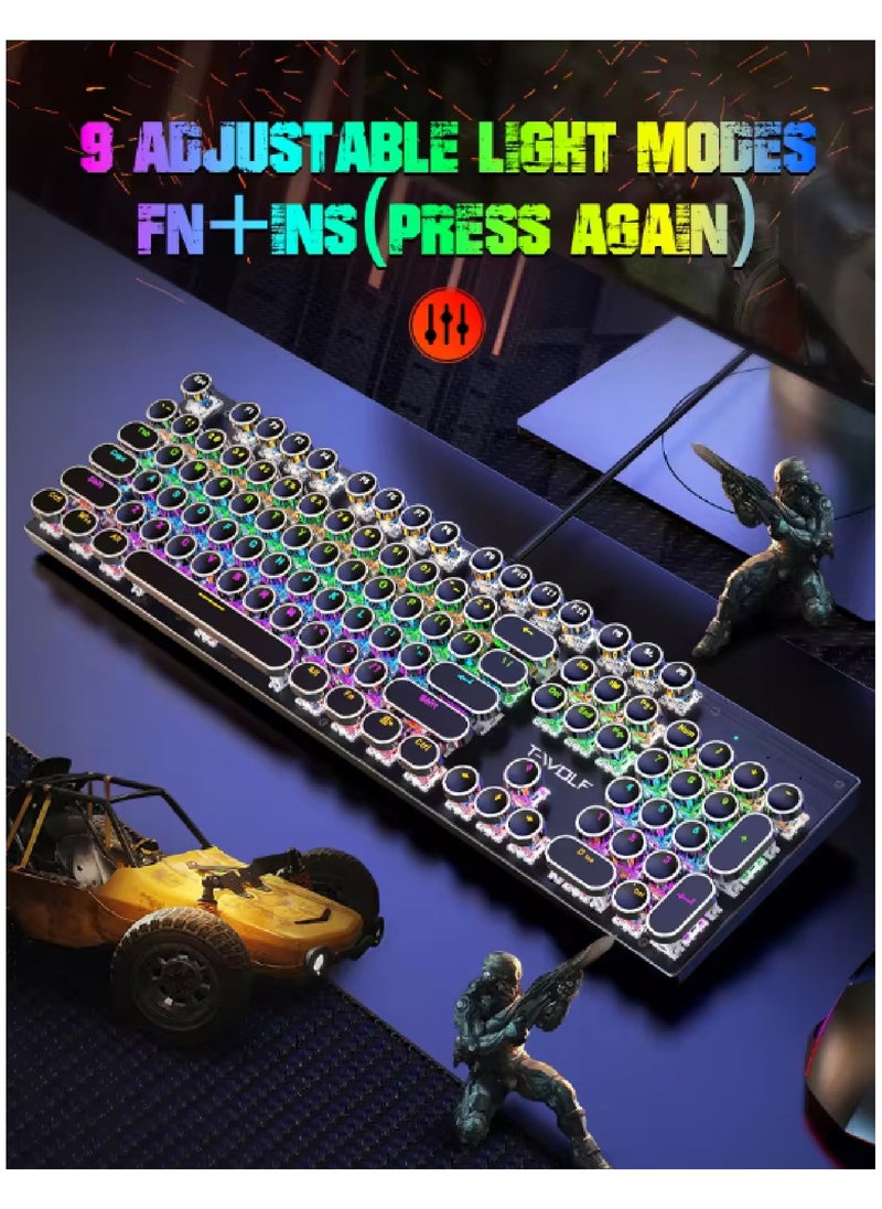 T-WOLF - 104 Key Wired Keyboard Mouse Combo Cool Rainbow Color Backlight Retro Punk Style Suspended Keycaps For Office Pc Gaming - Image 1