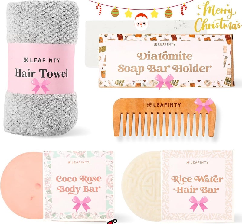 LEAFINTY Bath Set for Women Christmas Beauty Spa Relaxation Kit Includes Rice Shampoo Bar Body Wash Bar Soap Bar Holder WideTooth Hair Comb and Microfiber Hair Towel  Perfect Bath Xmas Gifts for Women