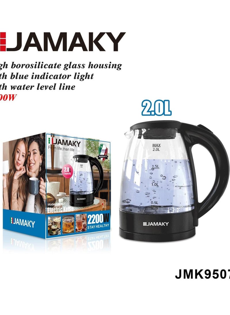 Jamaky Italy - غلاية كهربائية من جماكي بسعة 2 لتر - هيكل من زجاج البورسليكات العالي 2200 وات، JMK9507 - Image 1