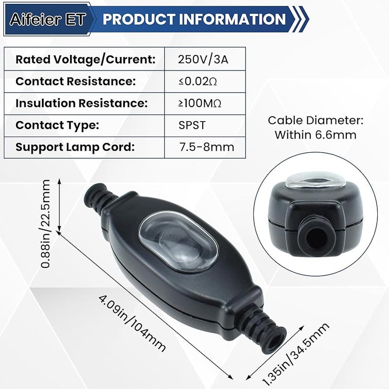 Aifeier ET 1PCS Outdoor Dustproof Rocker Switch, 3A 250V ON/Off Waterproof IP65 Lamp Cord Cable Inline on Appliance Control Rocker Switch for Appliance or Bedroom Table Lamp Desk LED Light, Black - Image 2