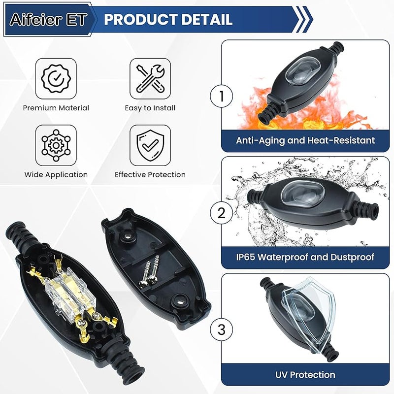 Aifeier ET 1PCS Outdoor Dustproof Rocker Switch, 3A 250V ON/Off Waterproof IP65 Lamp Cord Cable Inline on Appliance Control Rocker Switch for Appliance or Bedroom Table Lamp Desk LED Light, Black - Image 3