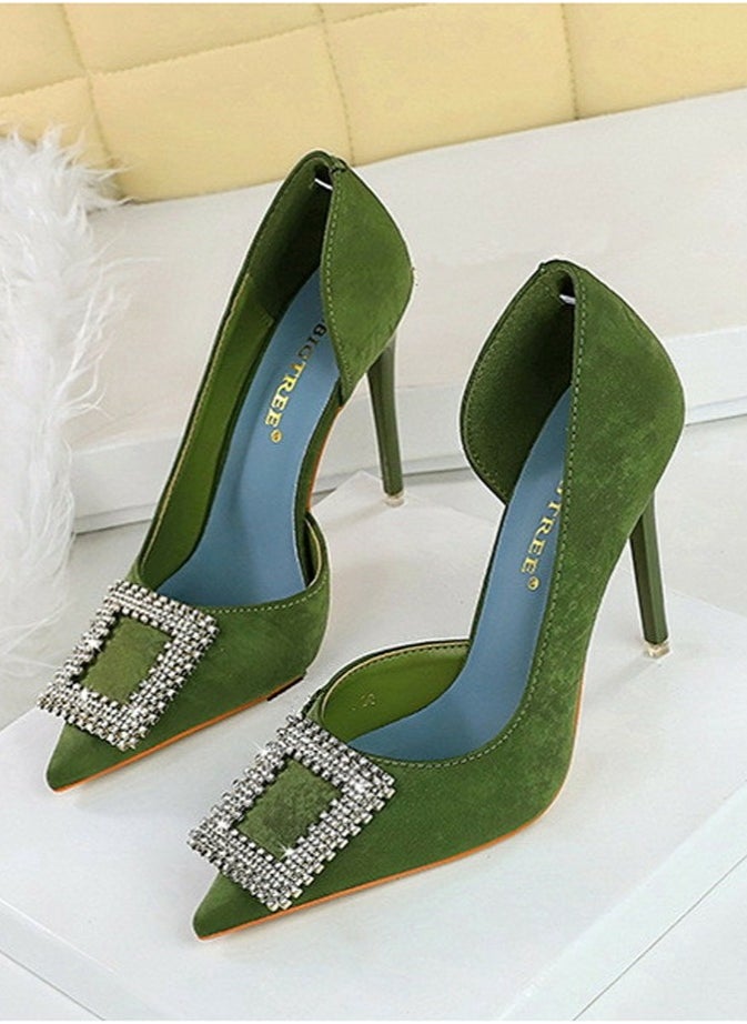 BIGTREE Women's Elegant Closed Pointed Toe High Heels Rhinestone Square Buckle Decoration Stiletto Pumps Green 10.5CM  - Image 1