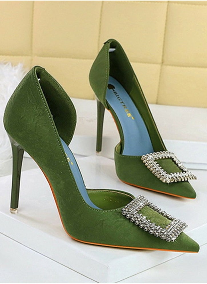 BIGTREE Women's Elegant Closed Pointed Toe High Heels Rhinestone Square Buckle Decoration Stiletto Pumps Green 10.5CM  - Image 2