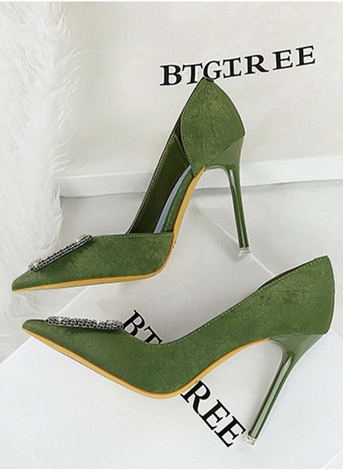 BIGTREE Women's Elegant Closed Pointed Toe High Heels Rhinestone Square Buckle Decoration Stiletto Pumps Green 10.5CM  - Image 3
