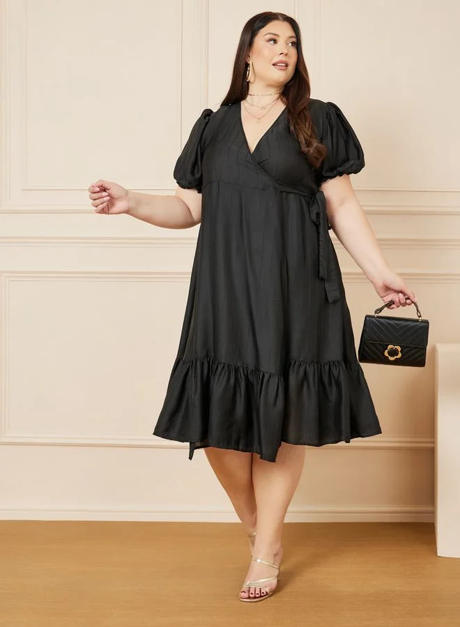 ستايلي Tiered Midi Wrap Dress with Puff Sleeves