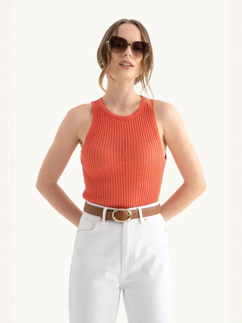HICCUP Round Neck Ribbed Mesh Tank Top
